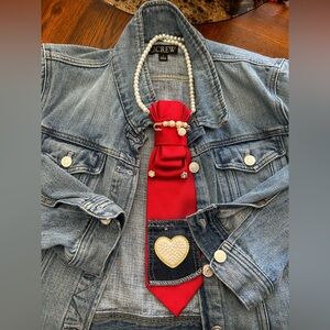 Red Designer Necktie Necklace Gold/Pearls/Heart Denim Patchwork